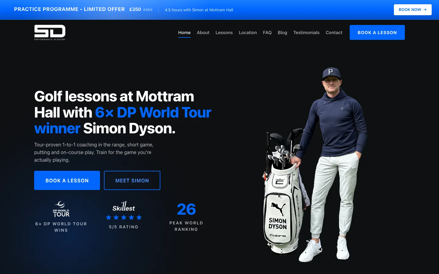 Simon Dyson Performance Academy — desktop view on a laptop